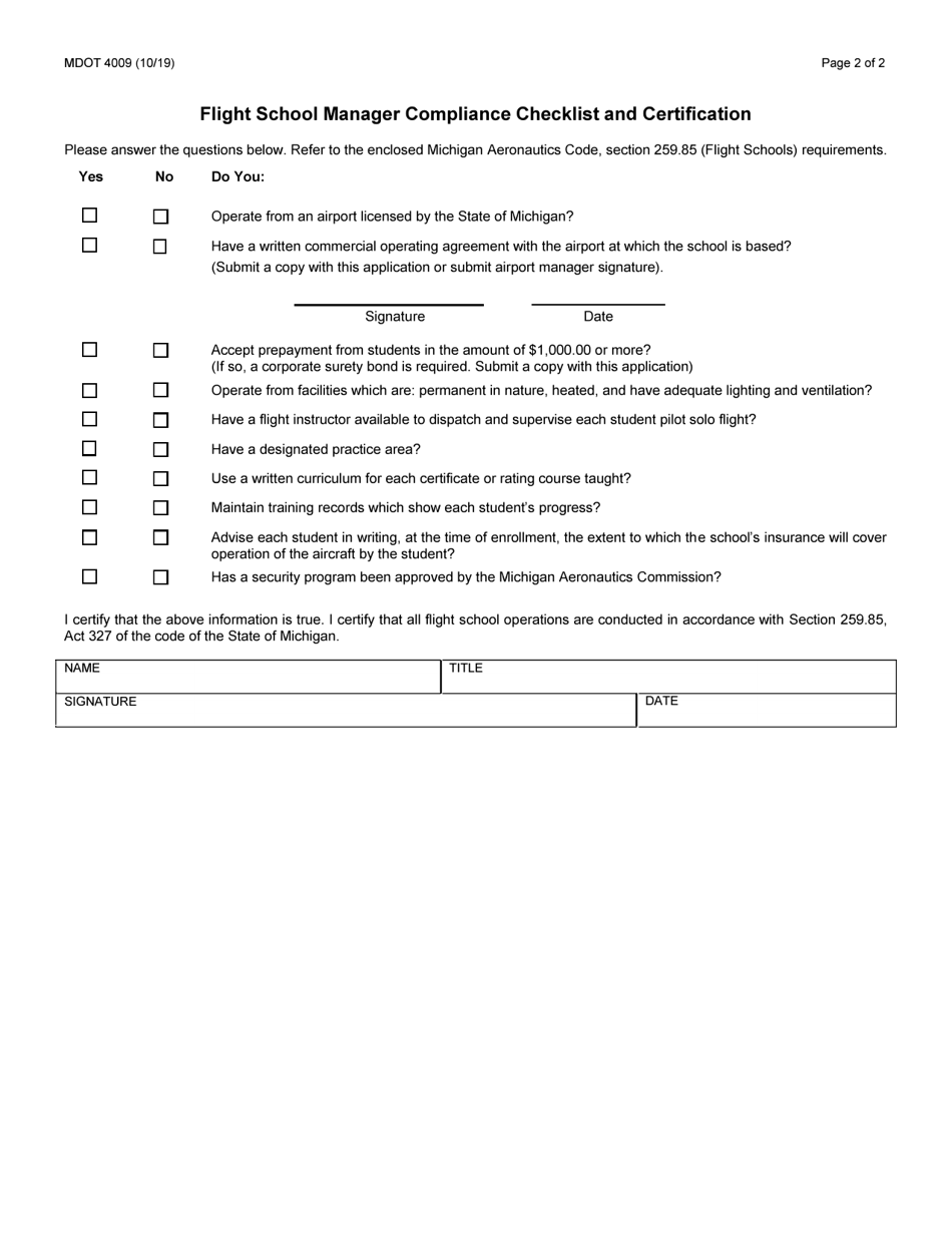 Form 4009 Application for Flight School License - Michigan, Page 2