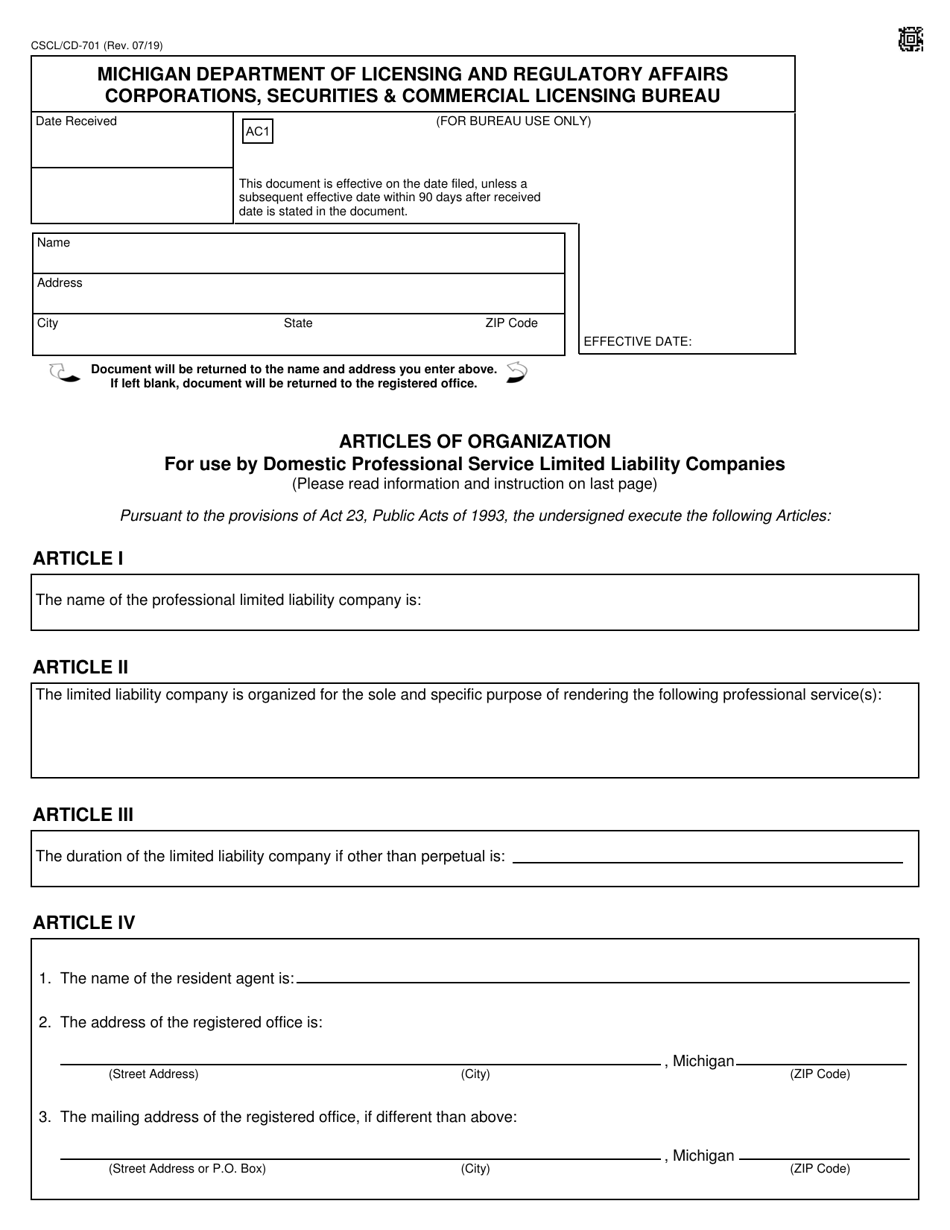 Form CSCL / CD-701 Articles of Organization for Use by Domestic Professional Service Limited Liability Companies - Michigan, Page 1