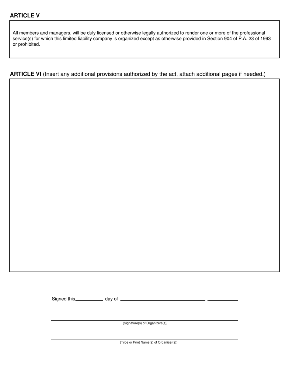 Form CSCL / CD-701 Articles of Organization for Use by Domestic Professional Service Limited Liability Companies - Michigan, Page 2