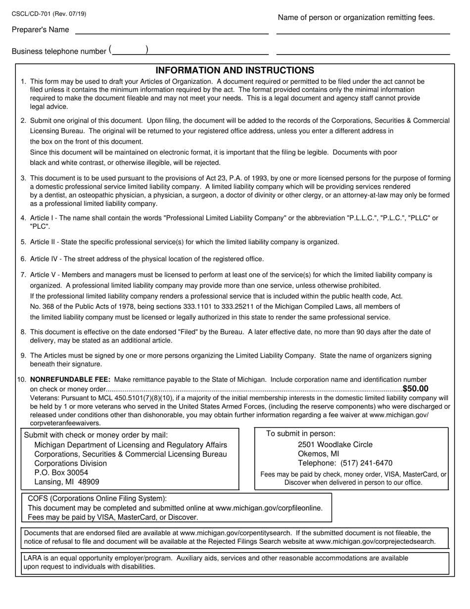 Form CSCL / CD-701 Articles of Organization for Use by Domestic Professional Service Limited Liability Companies - Michigan, Page 3