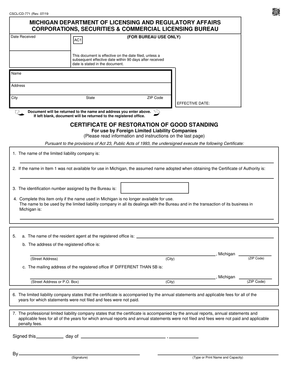 Form CSCL / CD-771 Certificate of Restoration of Good Standing for Use by Foreign Limited Liability Companies - Michigan, Page 1