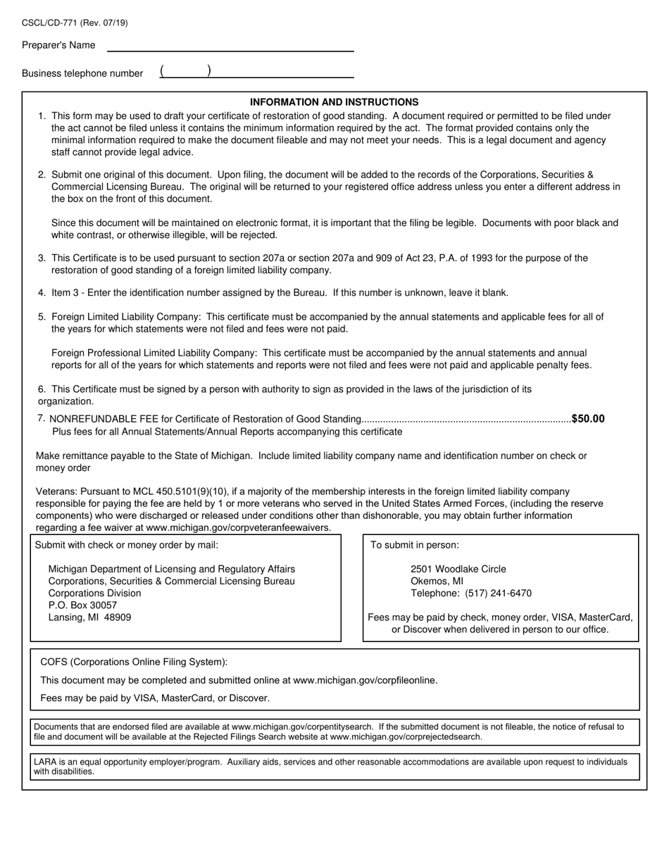 Form CSCL / CD-771 Certificate of Restoration of Good Standing for Use by Foreign Limited Liability Companies - Michigan, Page 2