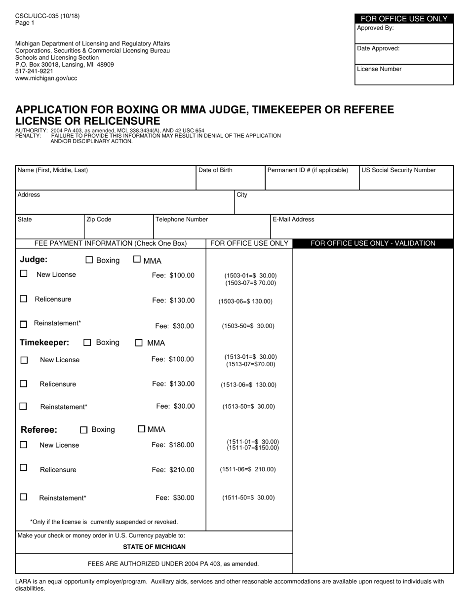 Form CSCL / UCC-035 Application for Boxing or Mma Judge, Timekeeper or Referee License or Relicensure - Michigan, Page 1