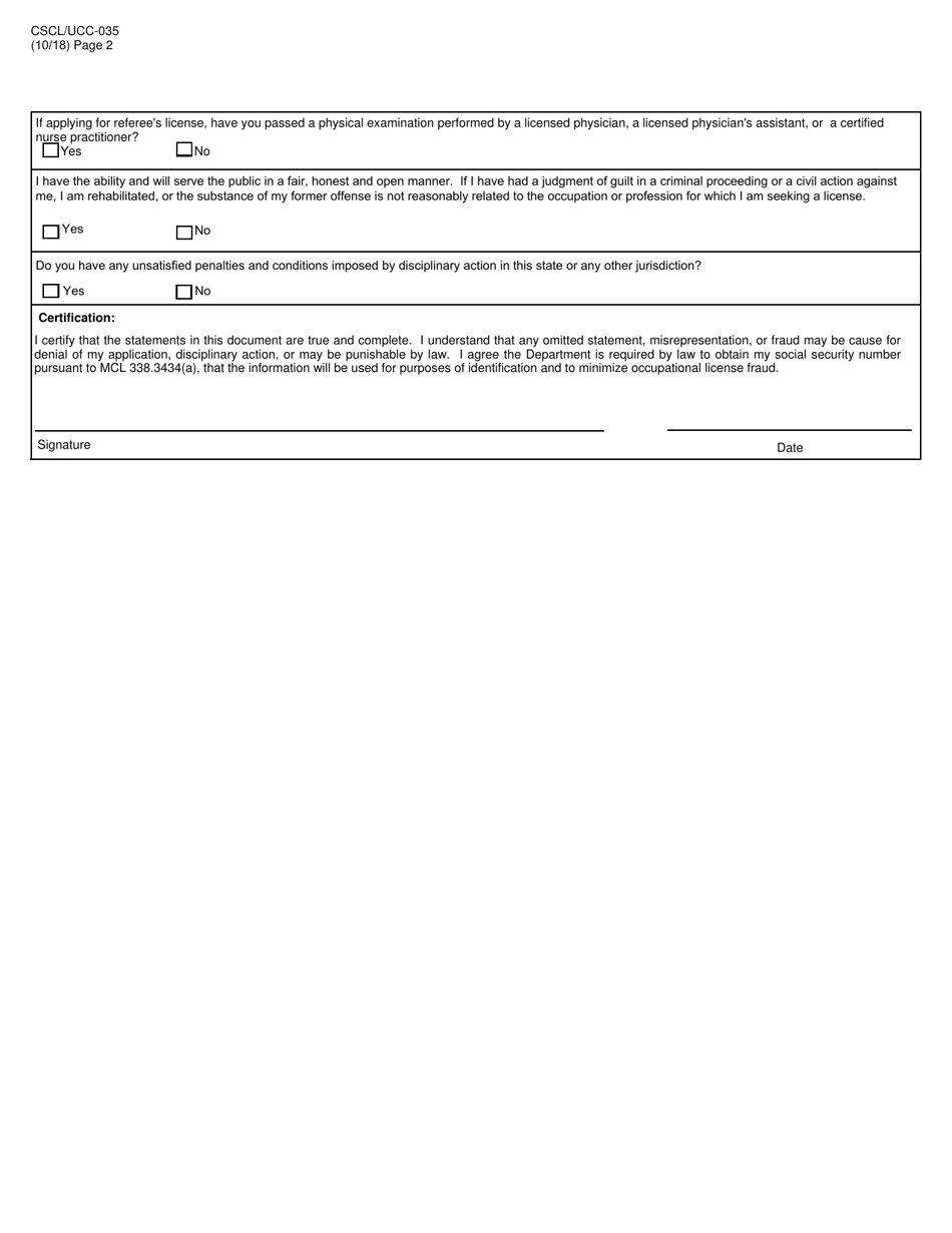 Form CSCL / UCC-035 Application for Boxing or Mma Judge, Timekeeper or Referee License or Relicensure - Michigan, Page 2