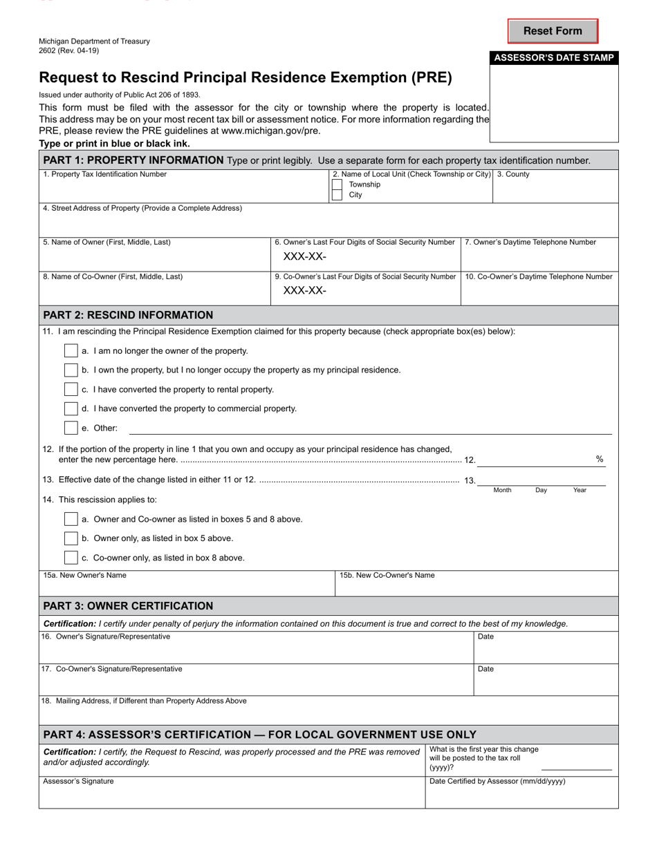Form 2602 Request to Rescind Principal Residence Exemption (Pre) - Michigan, Page 1