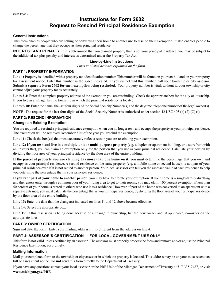 Form 2602 Request to Rescind Principal Residence Exemption (Pre) - Michigan, Page 2