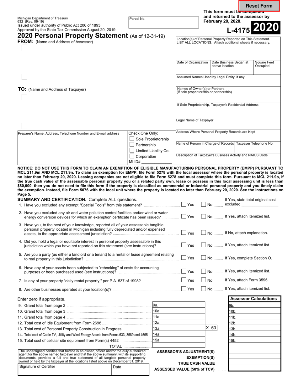 Form L-4175 (632) Personal Property Statement - Michigan, Page 1