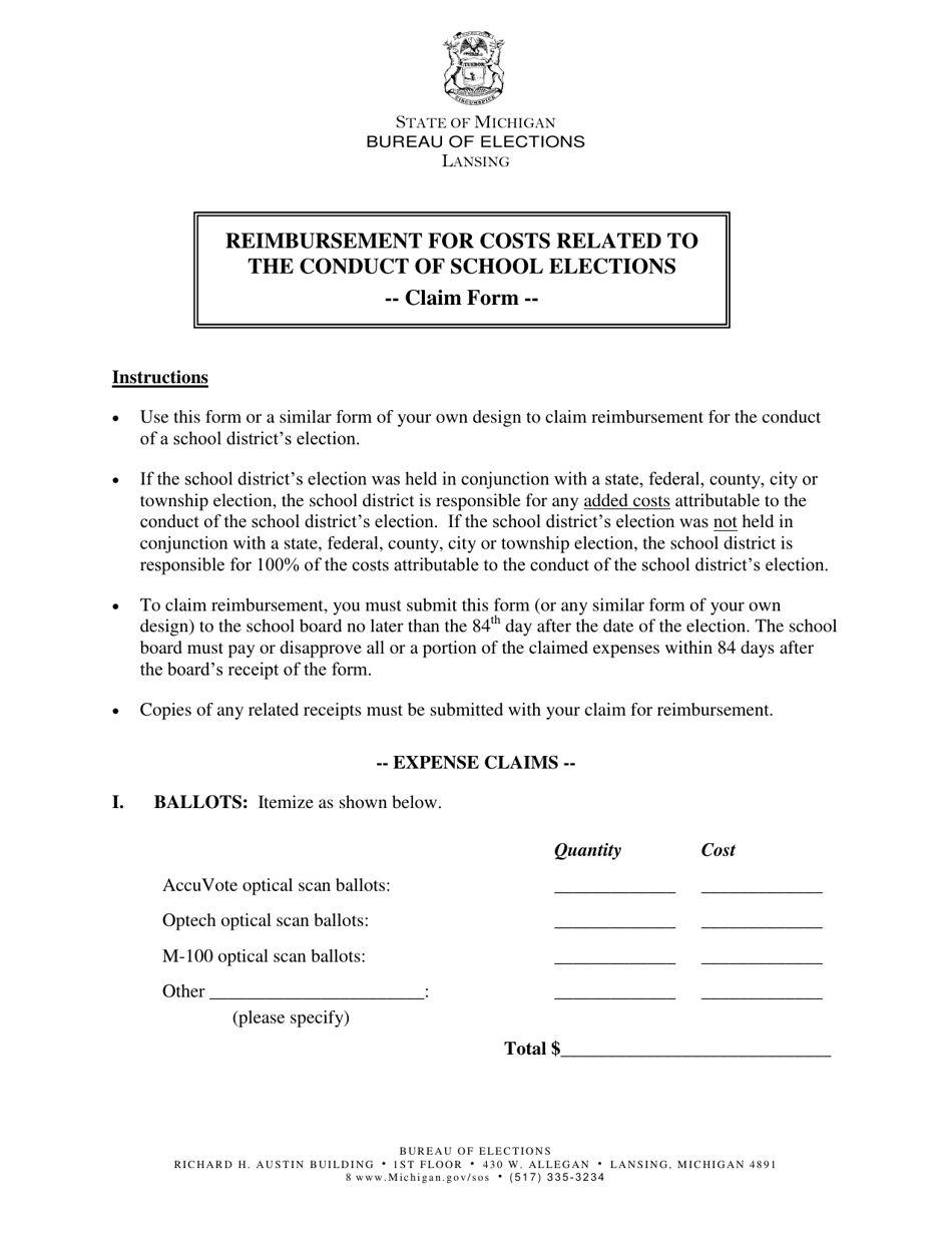 Reimbursement for Costs Related to the Conduct of School Elections Claim Form - Michigan, Page 1