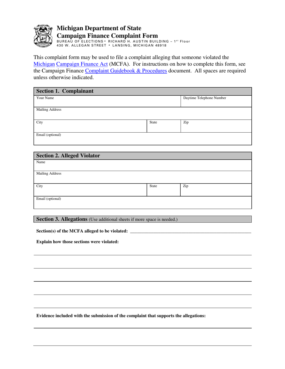 Campaign Finance Complaint Form - Michigan, Page 1