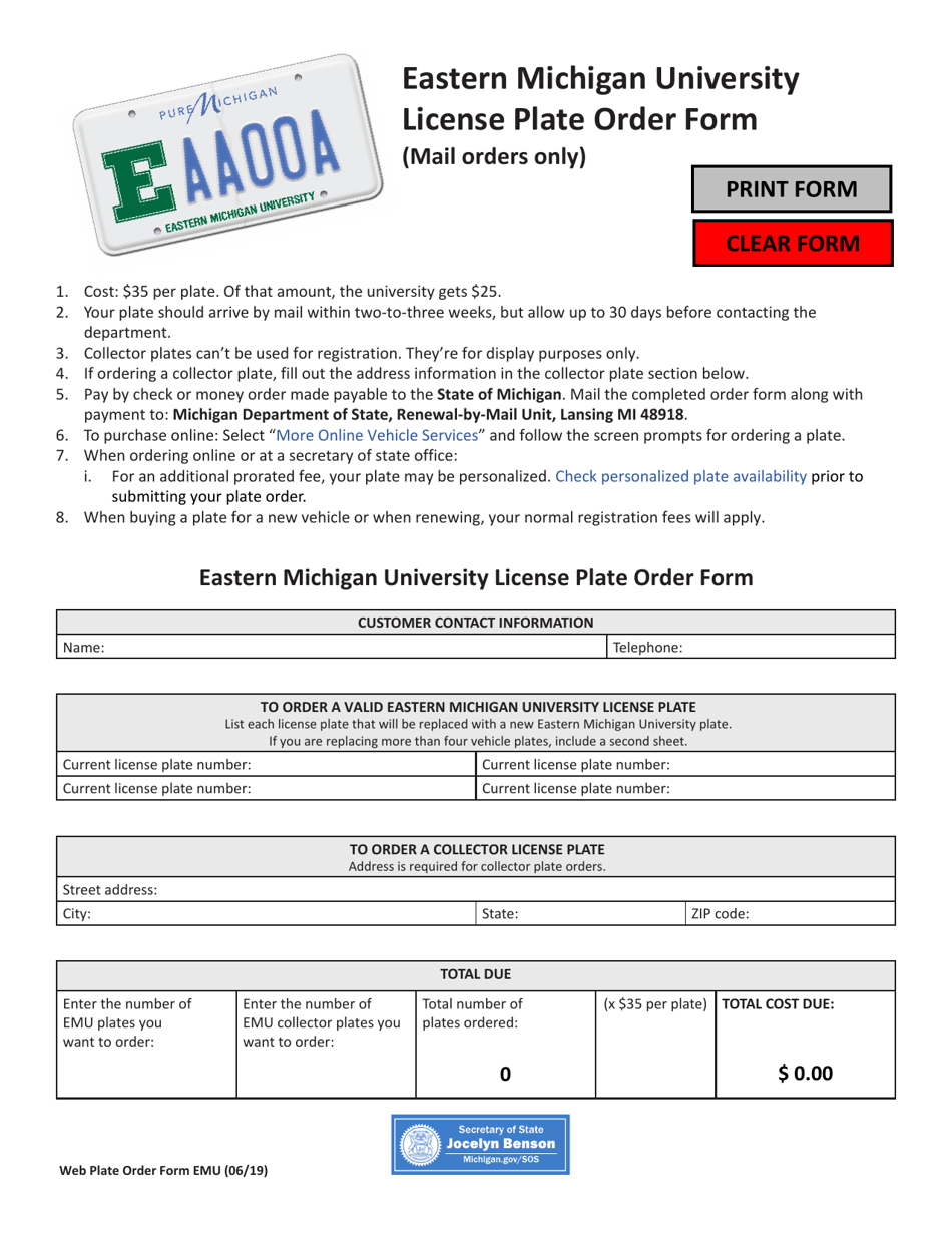 Form EMU Eastern Michigan University License Plate Order Form - Michigan, Page 1