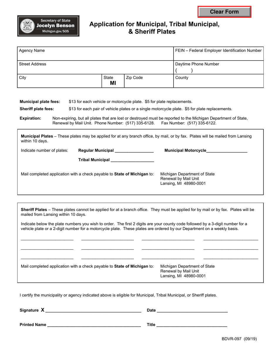 Form BDVR-097 Application for Municipal, Tribal Municipal,  Sheriff Plates - Michigan, Page 1