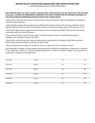 Document preview: Repair Facility Application Signatures and Certification Page - Michigan