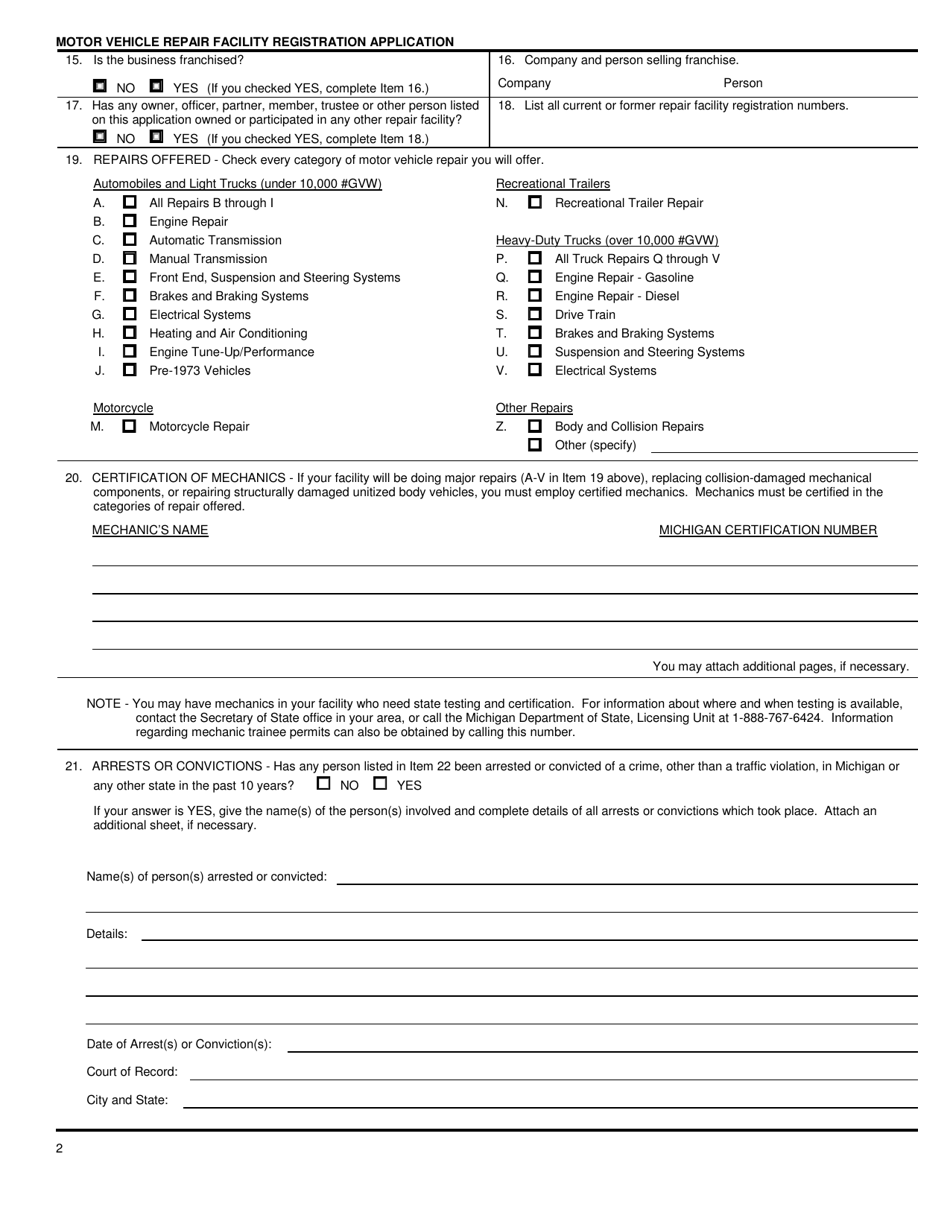 Form AR-0012 Motor Vehicle Repair Facility Registration Application - Michigan, Page 4