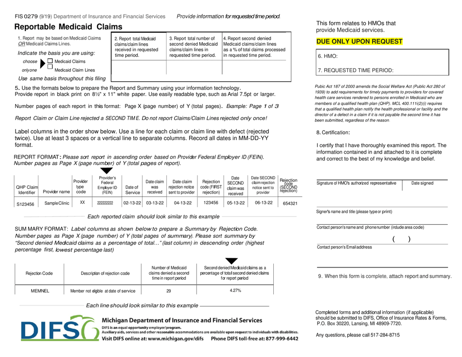 Form FIS0279 Reportable Medicaid Claims - Michigan, Page 1