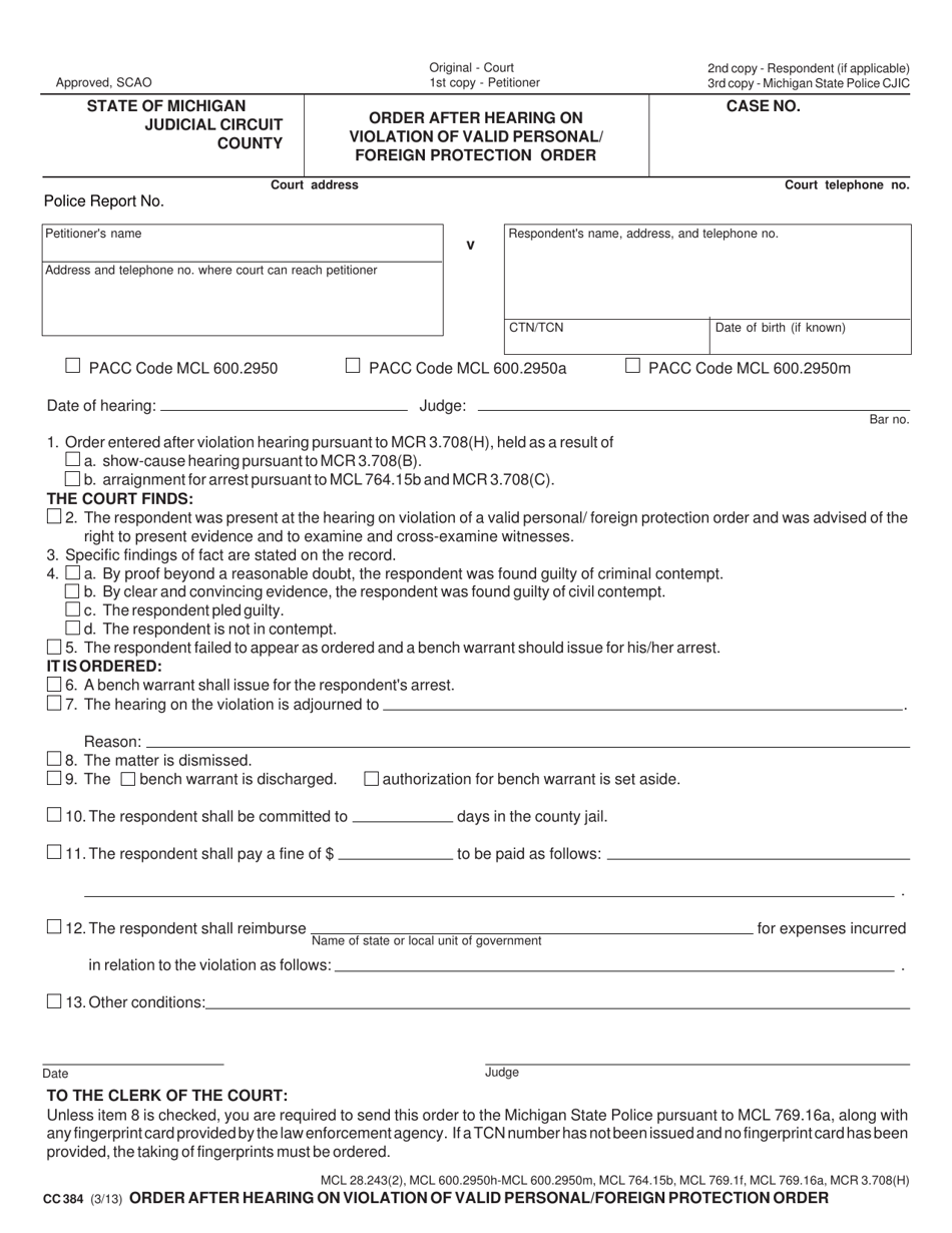 Form CC384 Order After Hearing on Violation of Valid Personal / Foreign Protection Order - Michigan, Page 1