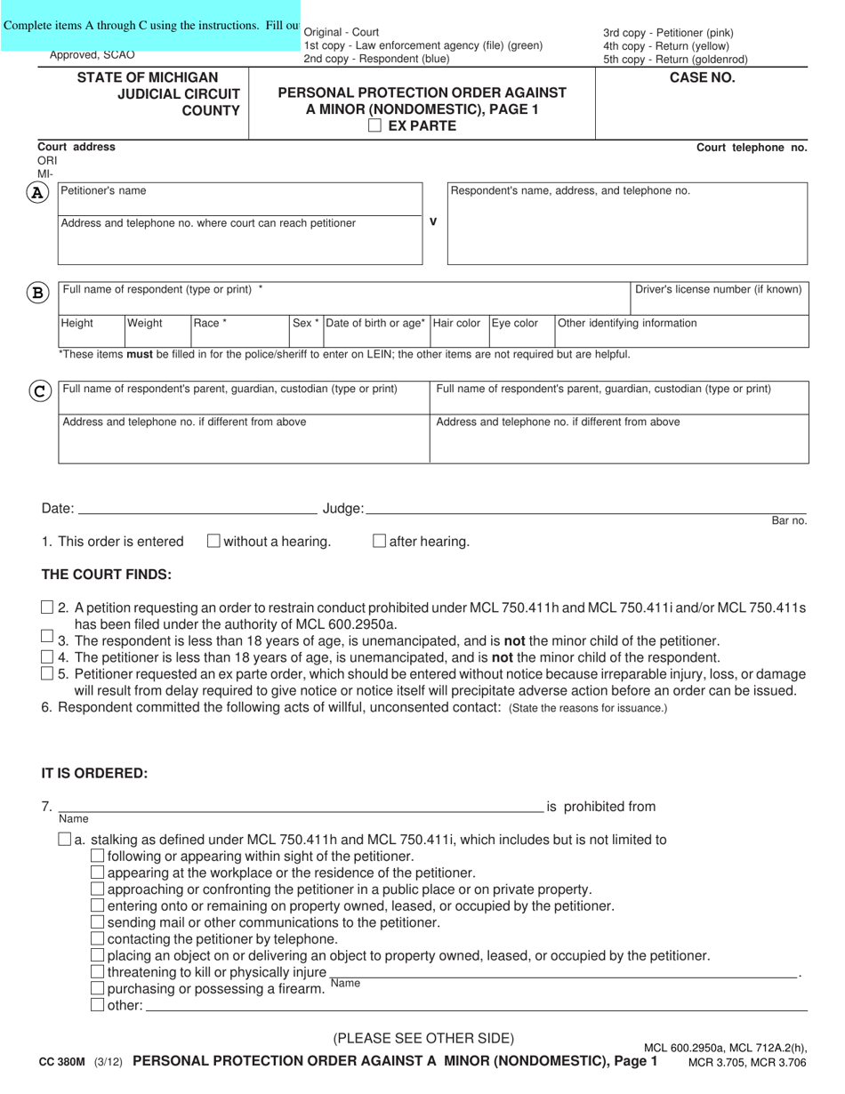 Form CC380M Personal Protection Order Against a Minor (Nondomestic) - Michigan, Page 1