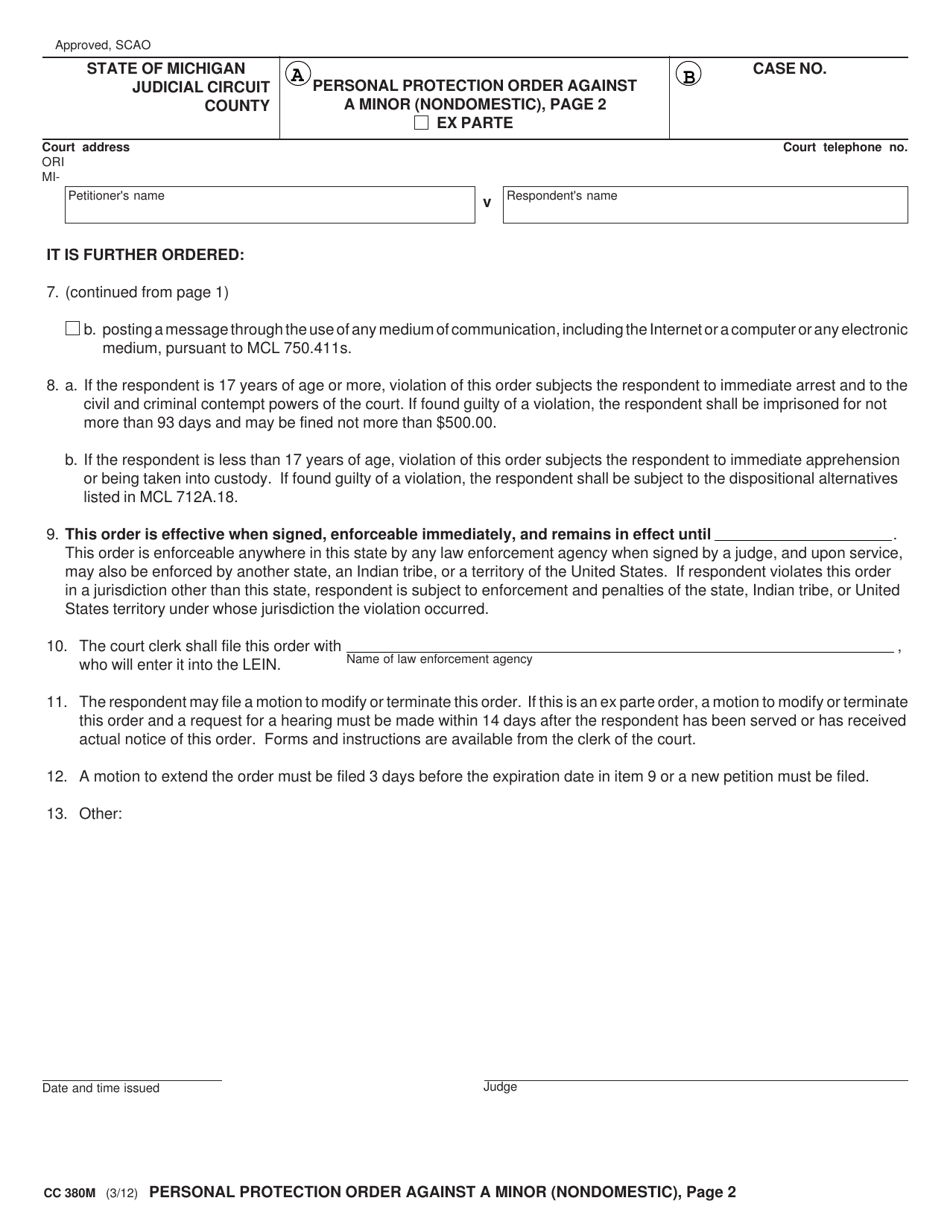 Form CC380M Personal Protection Order Against a Minor (Nondomestic) - Michigan, Page 2