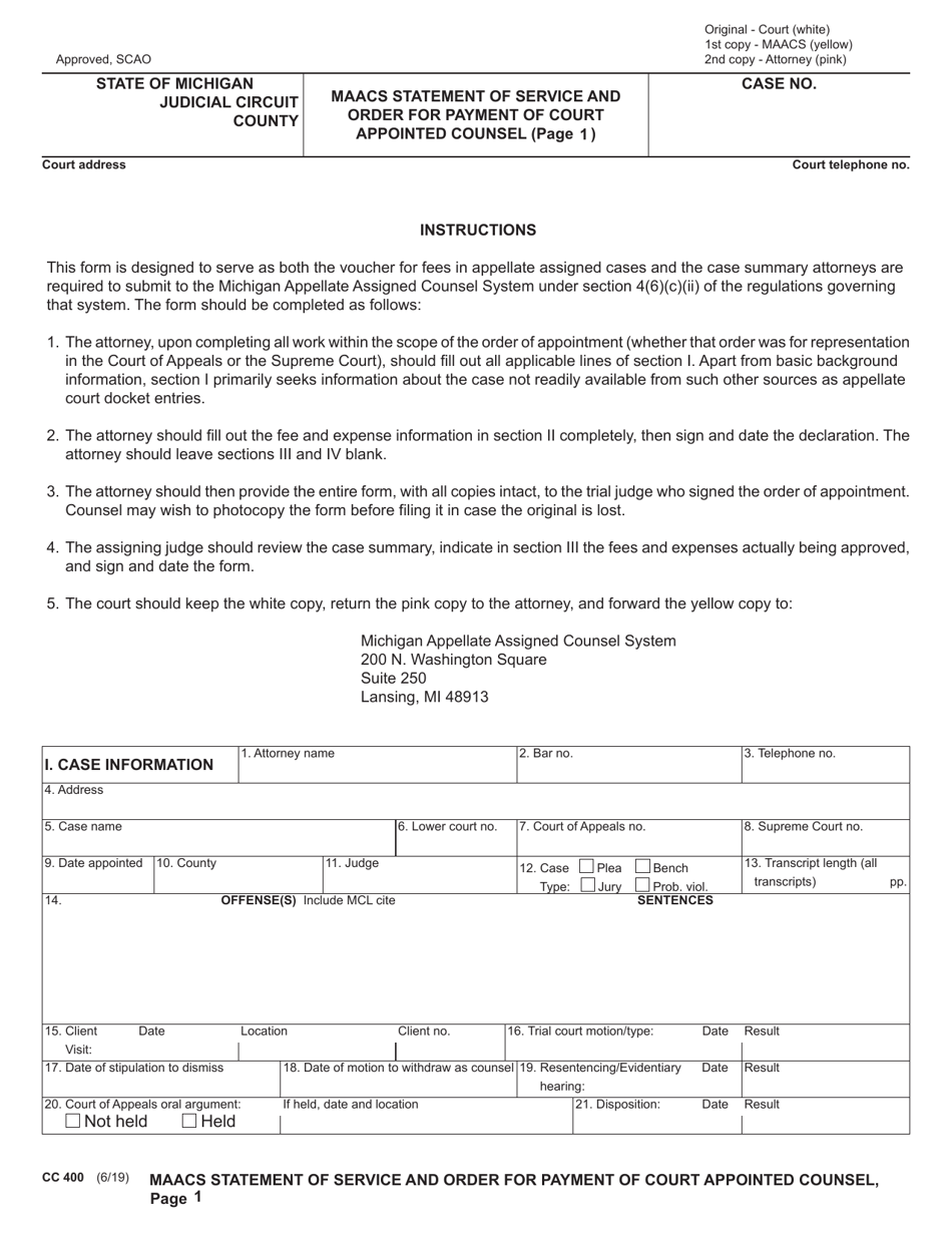 Form CC400 Maacs Statement of Service and Order for Payment of Court Appointed Counsel - Michigan, Page 1