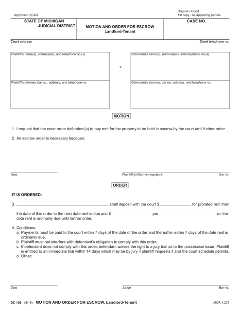Form DC109 Motion and Order for Escrow - Landlord-Tenant - Michigan