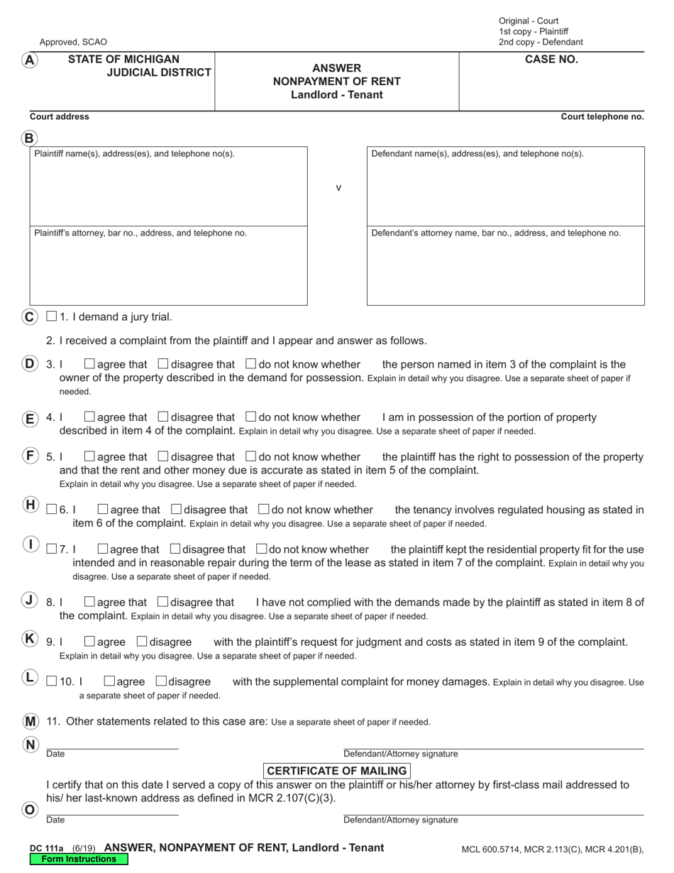 Form DC111A Answer, Nonpayment of Rent, Landlord - Tenant - Michigan, Page 1