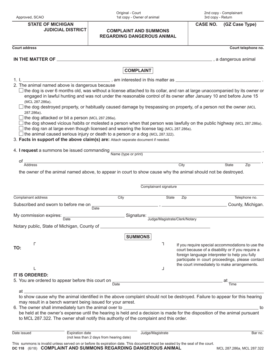 Form DC118 Complaint and Summons Regarding Dangerous Animal - Michigan, Page 1