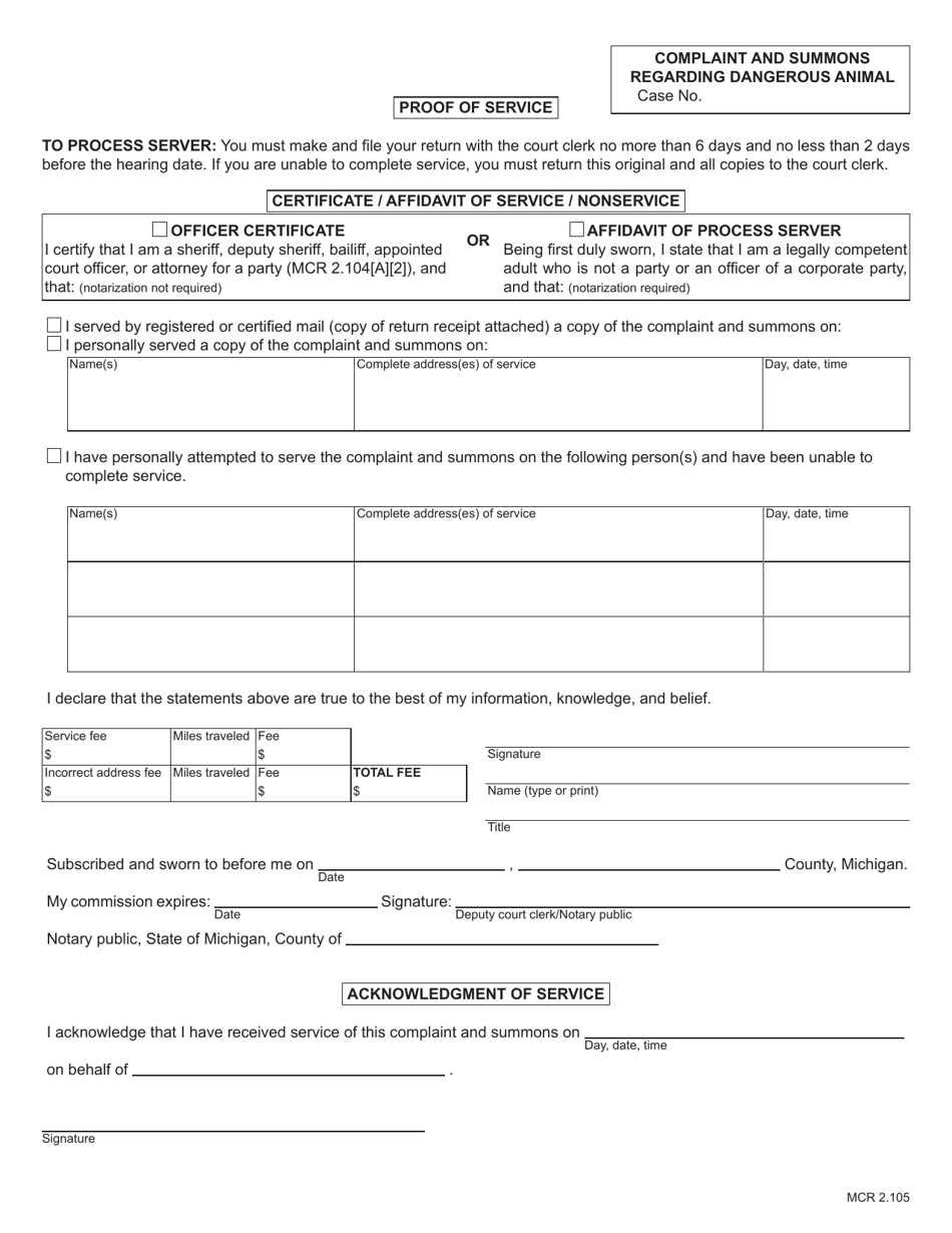 Form DC118 Complaint and Summons Regarding Dangerous Animal - Michigan, Page 2