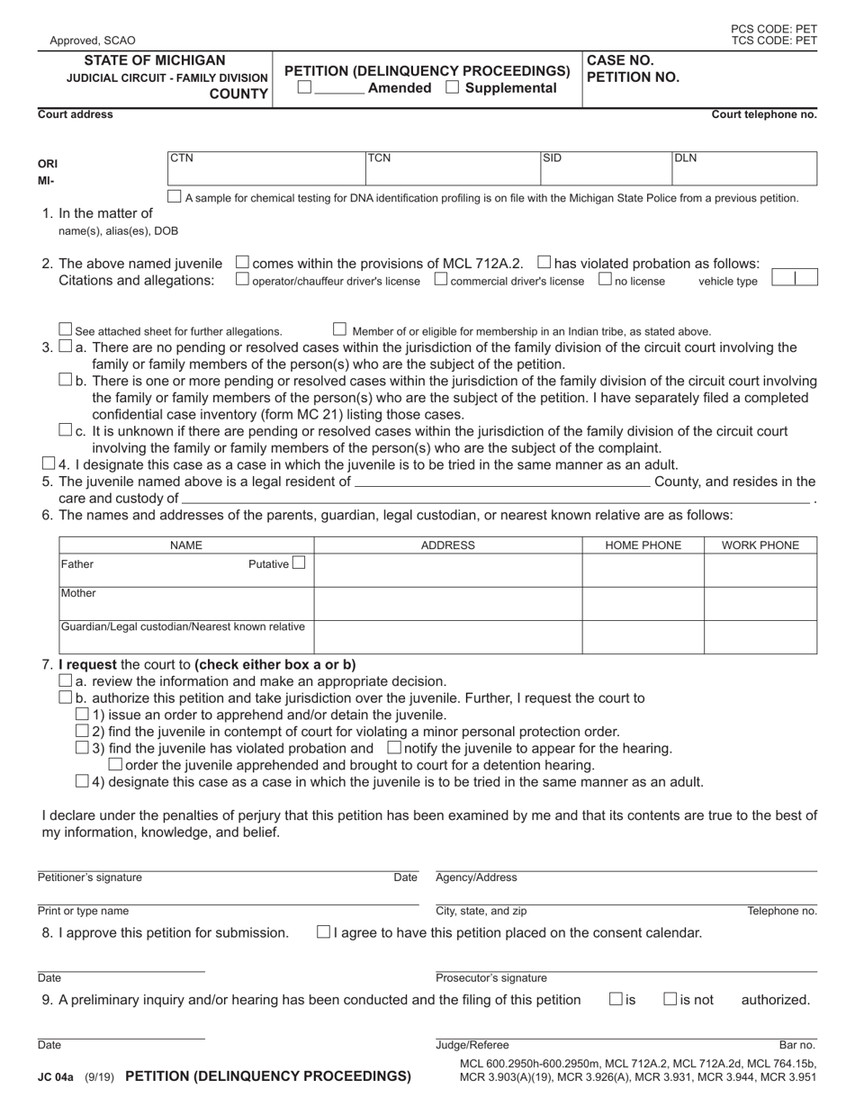 Form JC04A Petition (Delinquency Proceedings) - Michigan, Page 1