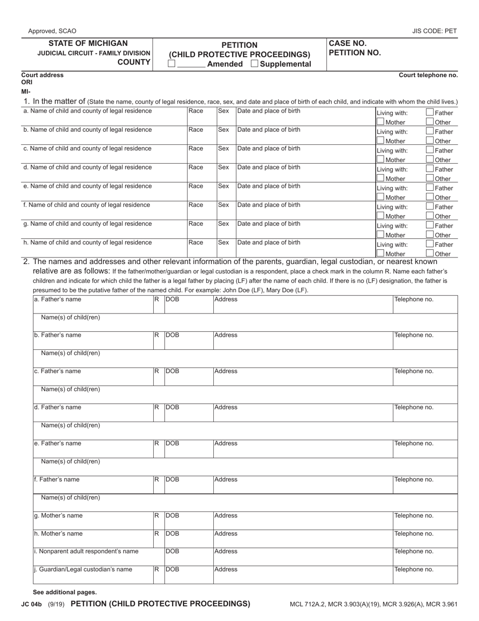 Form JC04B Petition (Child Protective Proceedings) - Michigan, Page 1