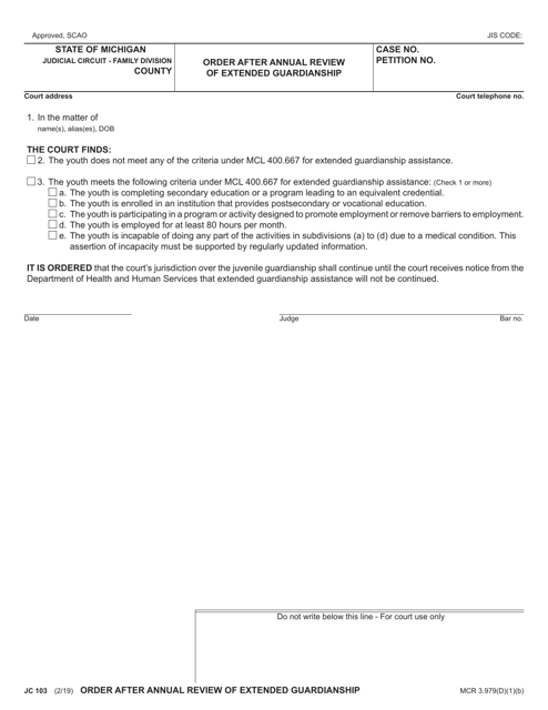 Form JC103 Order After Annual Review of Extended Guardianship - Michigan