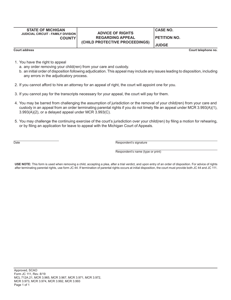Form JC111 Advice of Rights Regarding Appeal (Child Protective Proceedings) - Michigan, Page 1