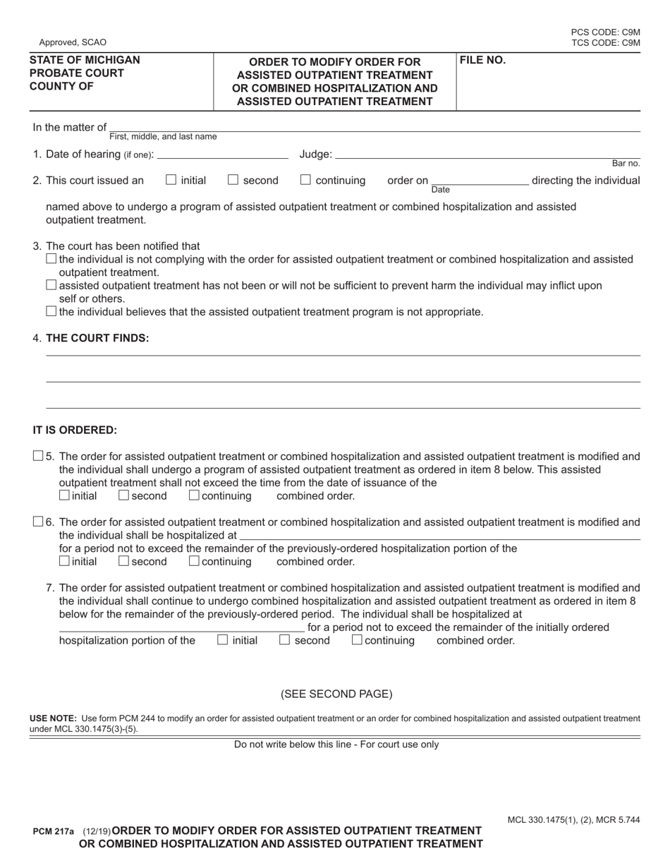 Form PCM217A Order to Modify Order for Assisted Outpatient Treatment or Combined Hospitalization and Assisted Outpatient Treatment - Michigan, Page 1