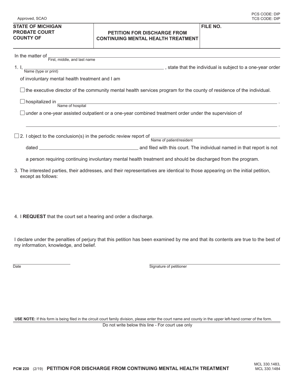 Form PCM220 Petition for Discharge From Continuing Mental Health Treatment - Michigan, Page 1