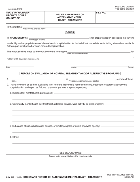 Form PCM216 Order and Report on Alternative Mental Health Treatment - Michigan