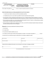 Document preview: Form PC122 Confidential Information for Proceedings Concerning Waiver of Parental Consent - Michigan