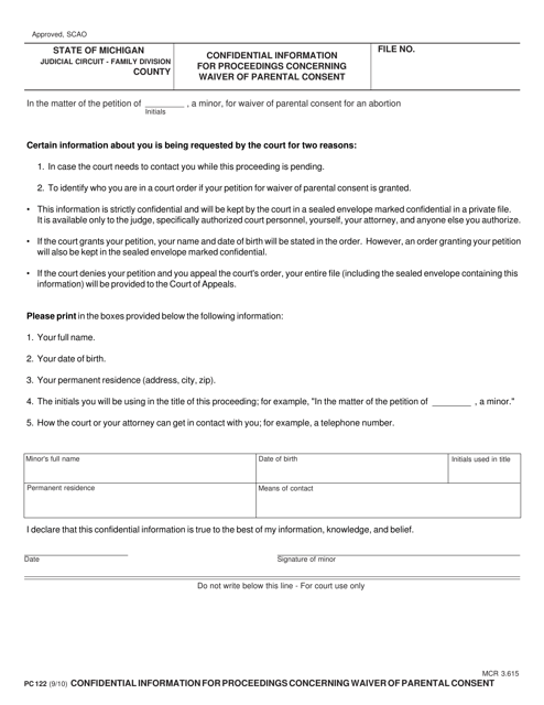 Form PC122 Confidential Information for Proceedings Concerning Waiver of Parental Consent - Michigan