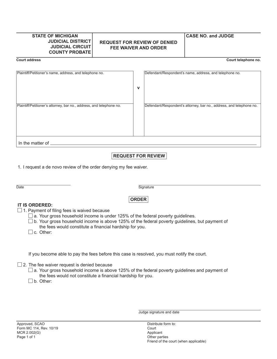Form MC114 Request for Review of Denied Fee Waiver and Order - Michigan, Page 1