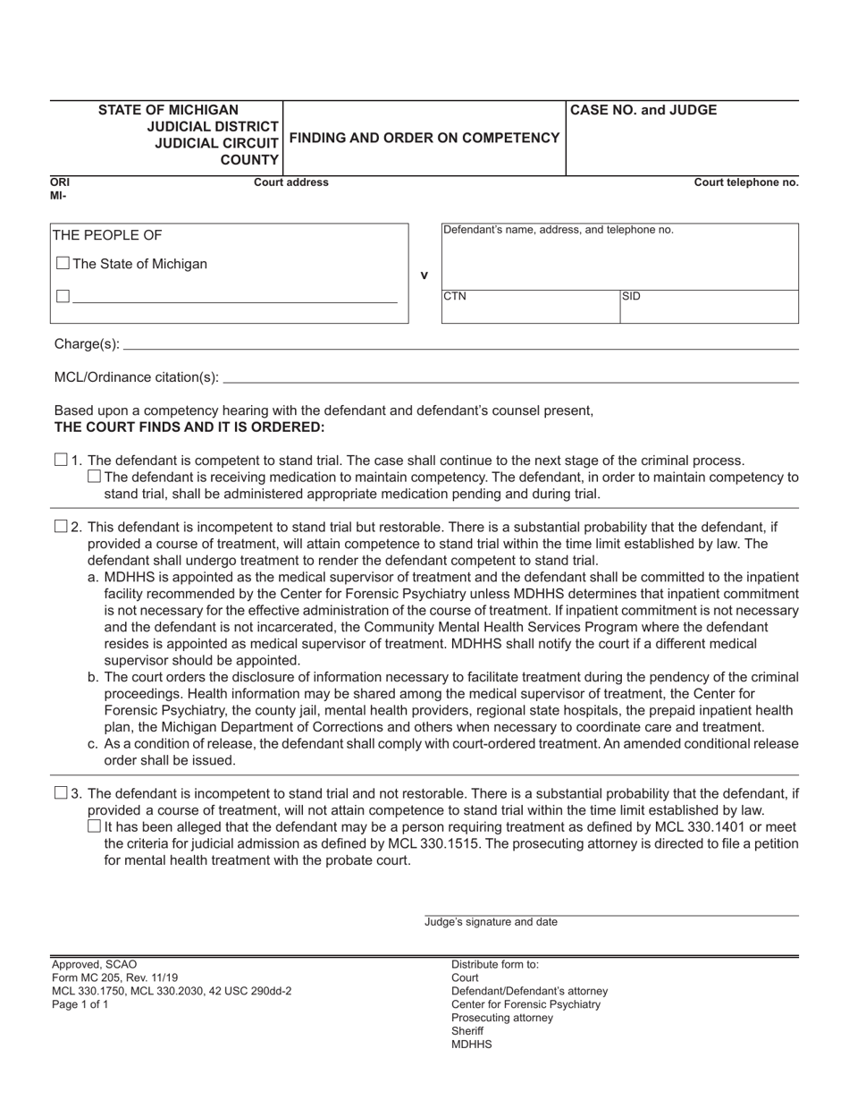 Form MC205 Finding and Order on Competency - Michigan, Page 1