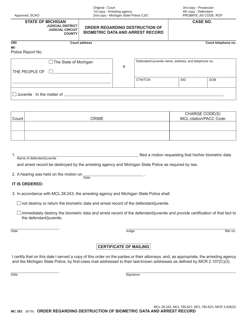Form MC392 Order Regarding Destruction of Biometric Data and Arrest Record - Michigan, Page 1