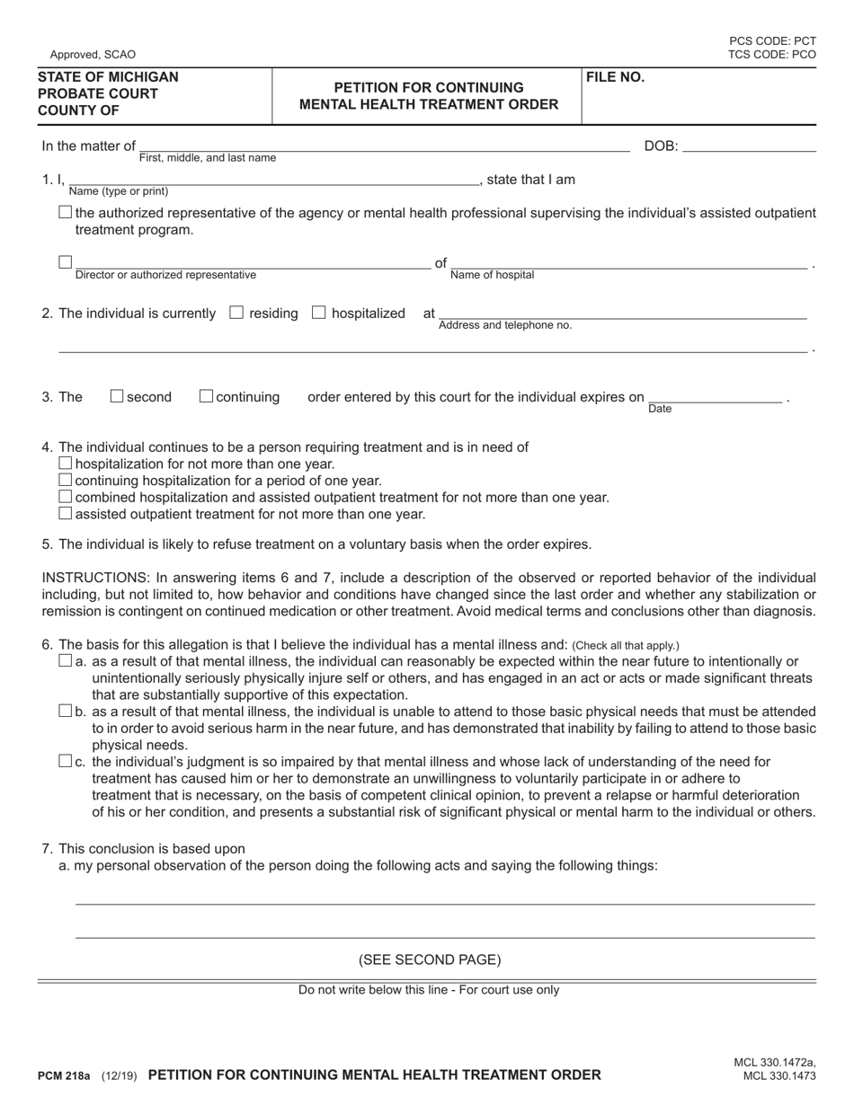 Form PCM218A Petition for Continuing Mental Health Treatment Order - Michigan, Page 1