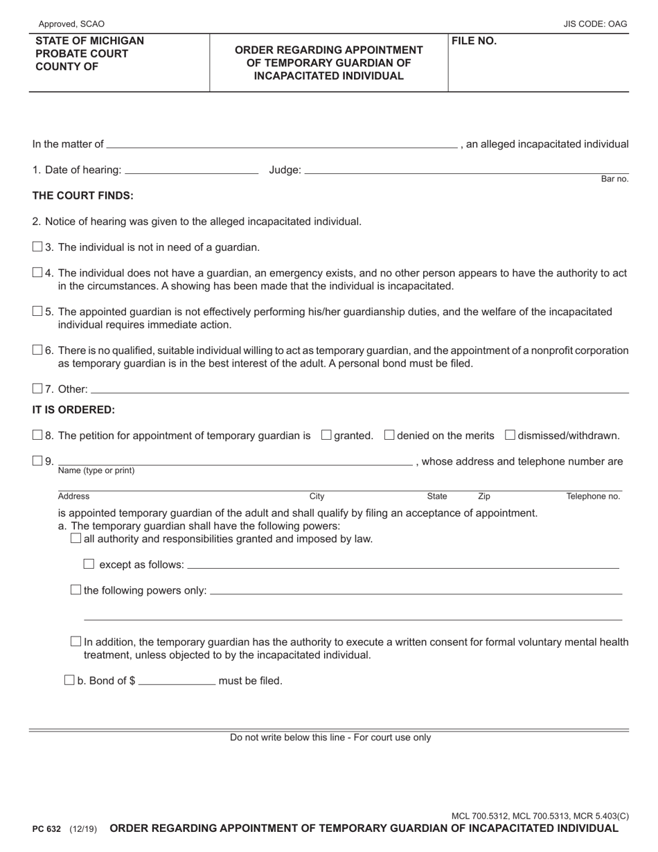Form PC632 Order Regarding Appointment of Temporary Guardian of Incapacitated Individual - Michigan, Page 1
