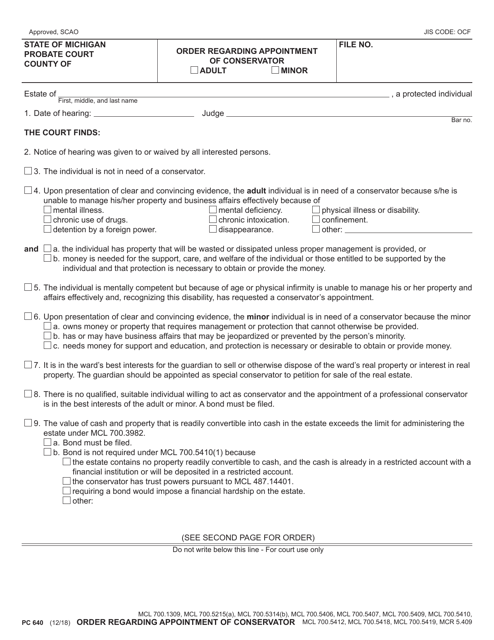 Form PC640 Order Regarding Appointment of Conservator - Michigan