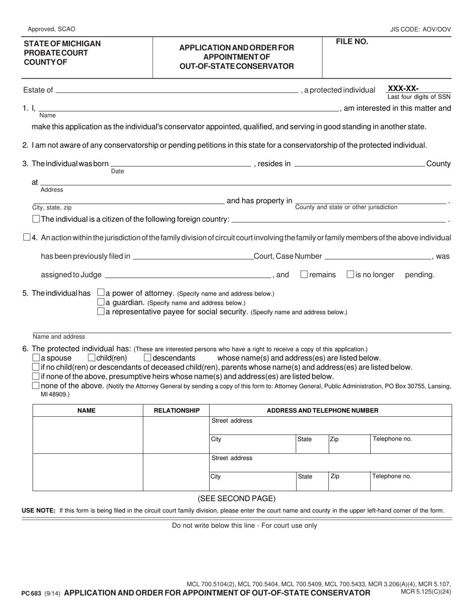 Form PC683 Application and Order for Appointment of Out-of-State Conservator - Michigan, Page 1