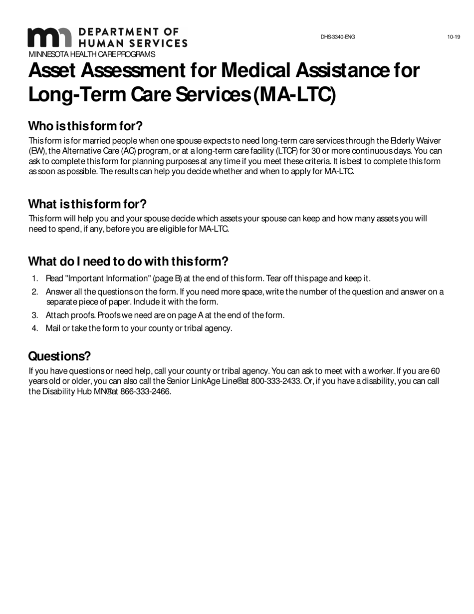 Form DHS-3340-ENG Asset Assessment for Medical Assistance for Long-Term Care Services (Ma-Ltc) - Minnesota, Page 1