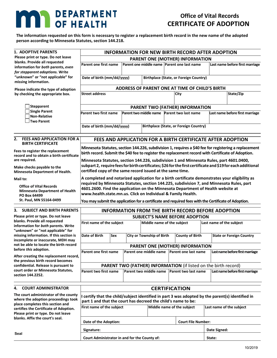 Certificate of Adoption - Minnesota, Page 1