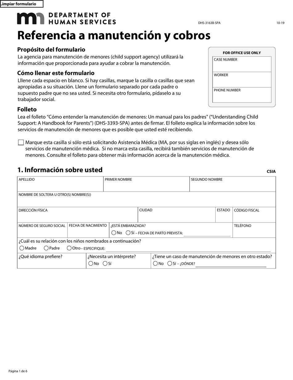 Formulario DHS-3163B-SPA Referencia a Manutencion Y Cobros - Minnesota (Spanish), Page 1