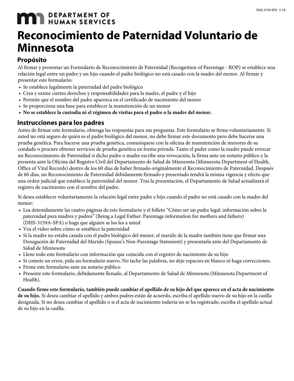 Formulario DHS-3159-SPA Reconocimiento De Paternidad Voluntario De Minnesota - Minnesota (Spanish), Page 1