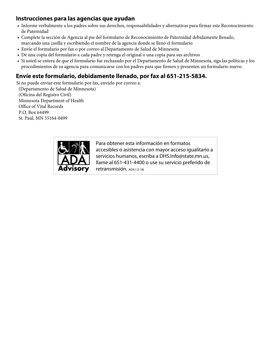 Formulario DHS-3159-SPA Reconocimiento De Paternidad Voluntario De Minnesota - Minnesota (Spanish), Page 2