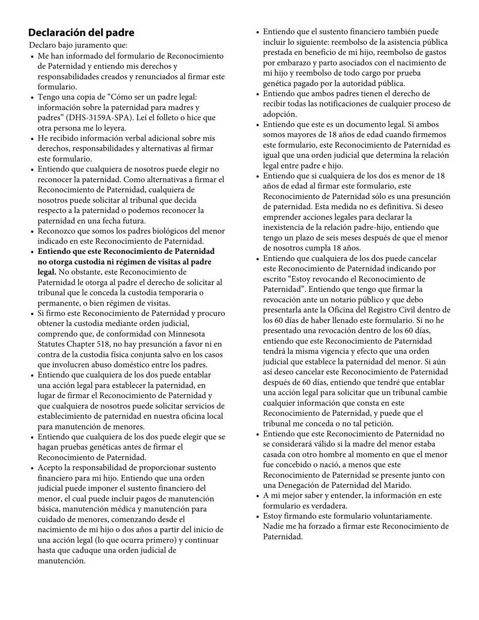 Formulario DHS-3159-SPA Reconocimiento De Paternidad Voluntario De Minnesota - Minnesota (Spanish), Page 4