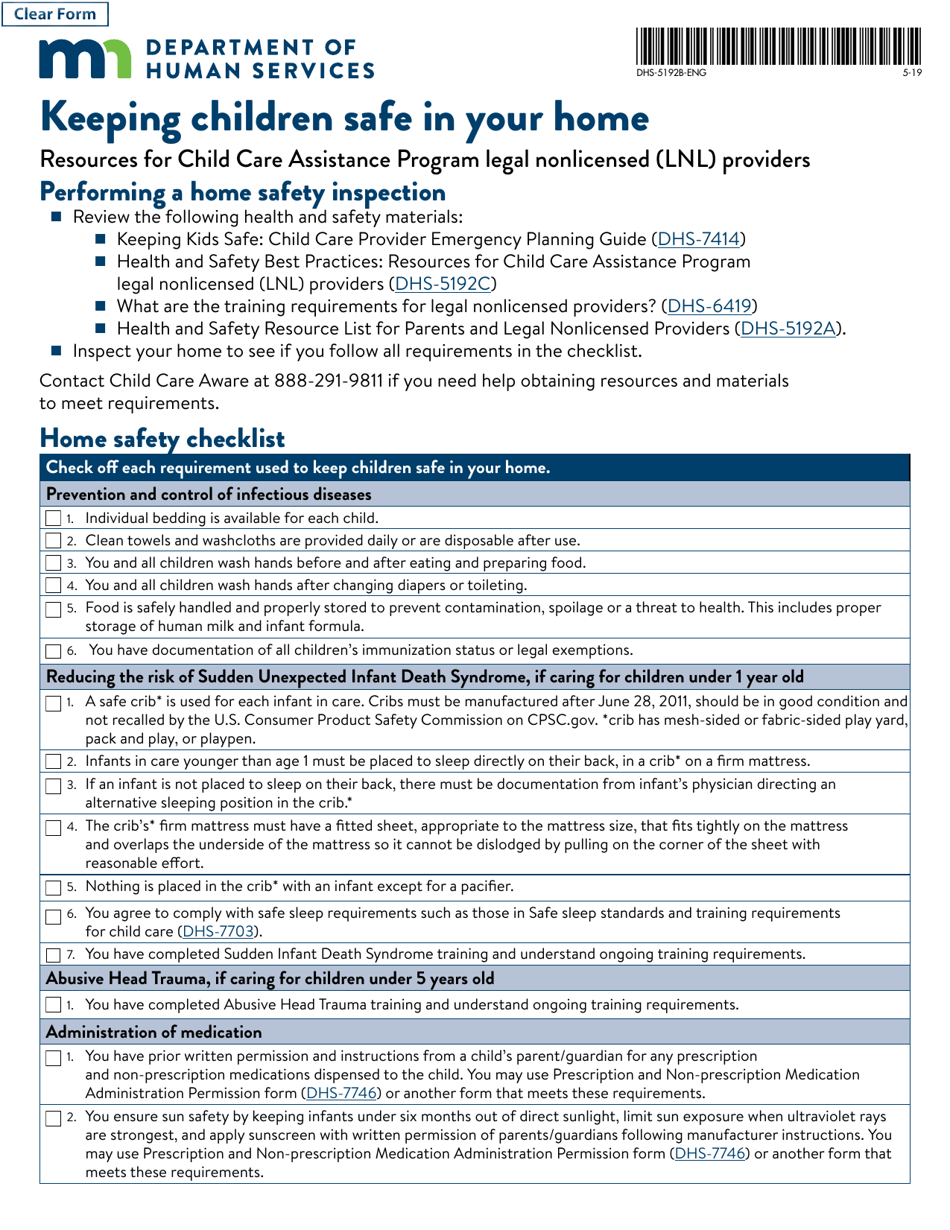 Form DHS-5192B-ENG Home Safety Checklist - Minnesota, Page 1
