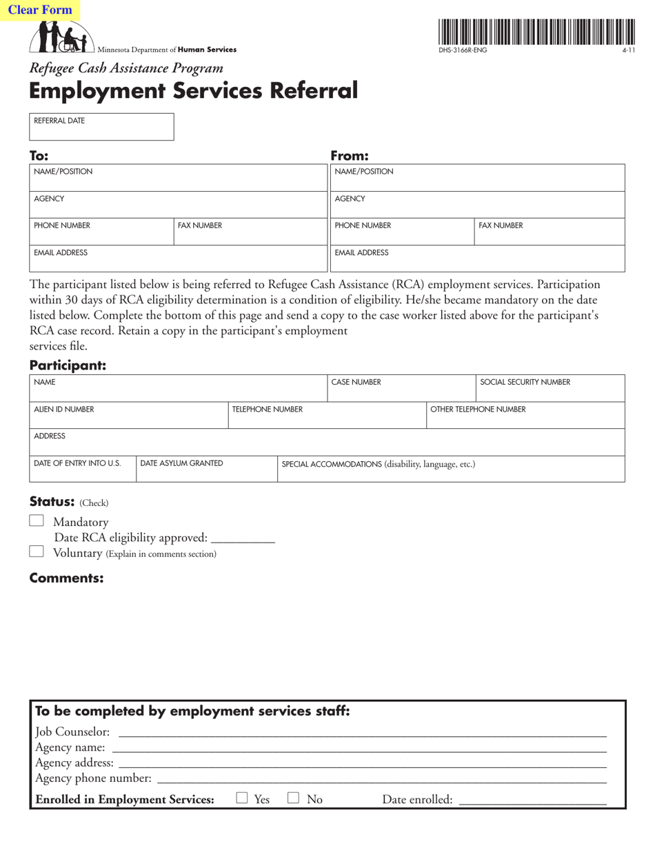 Form DHS-3166R-ENG Refugee Cash Assistance Program Employment Services Referral - Minnesota, Page 1